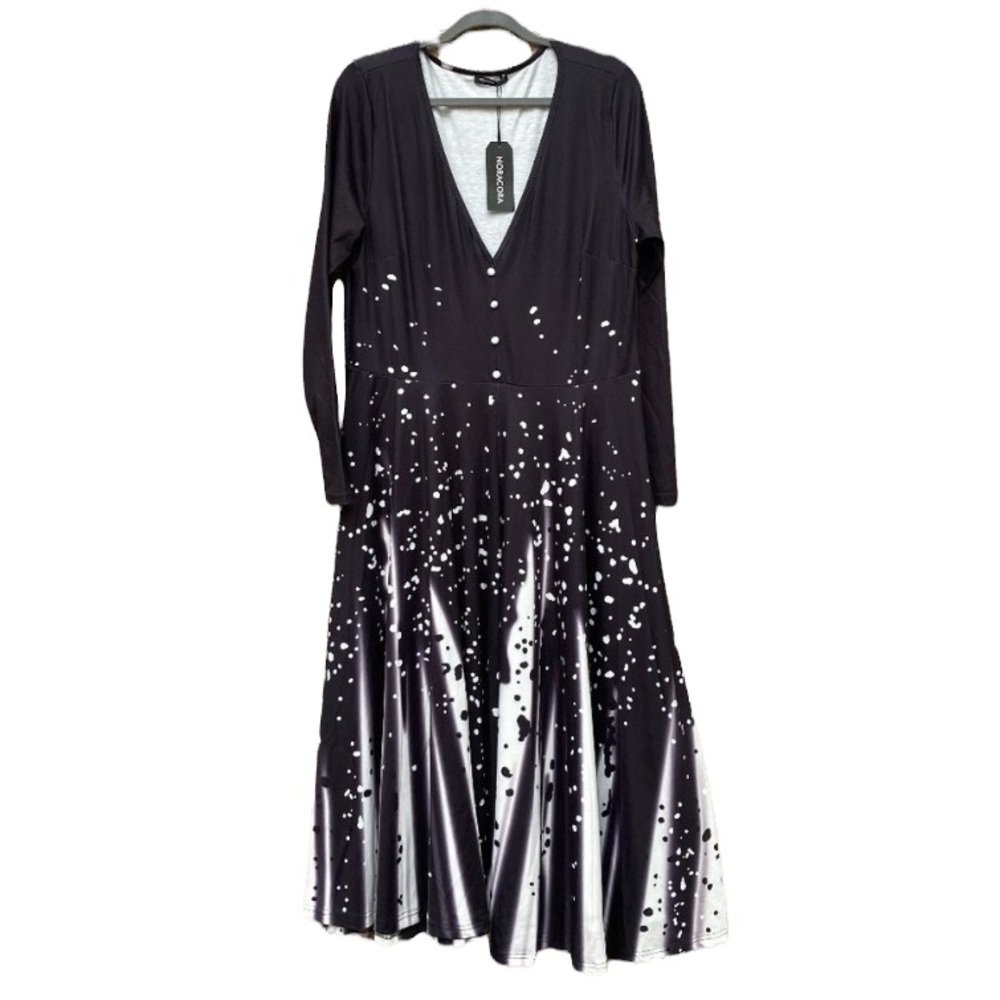 New NORACORA Long Sleeve Black White Pleated Dress XL